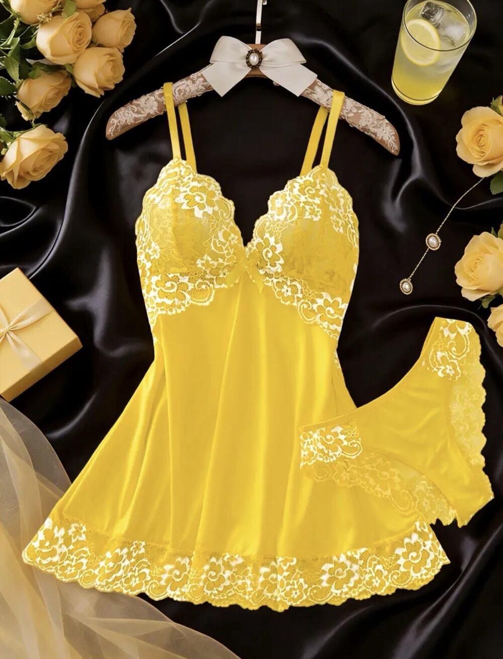 Two Piece, Floral Lace Design In Bright Yellow Small G String And Gown New